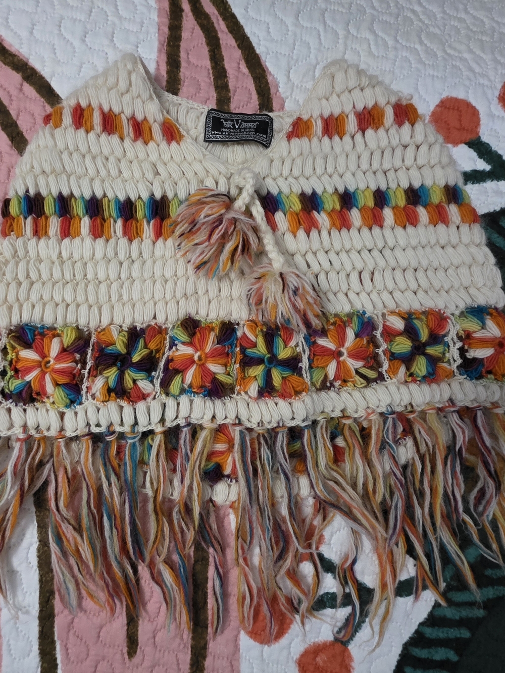 NirVanna-Cream Multicolor Crochet Fringe Kids Poncho